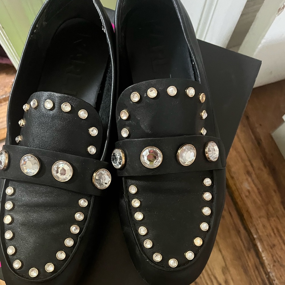 Loafers, black, rhinestones, runs big, gently used
